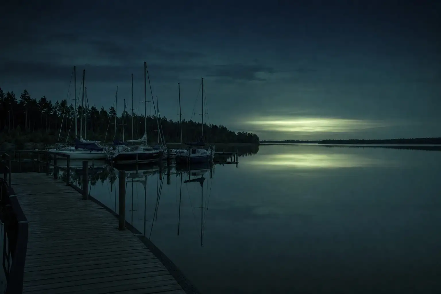 Segelboote an einem Steg in einem Seenland-Hafen bei Dämmerung