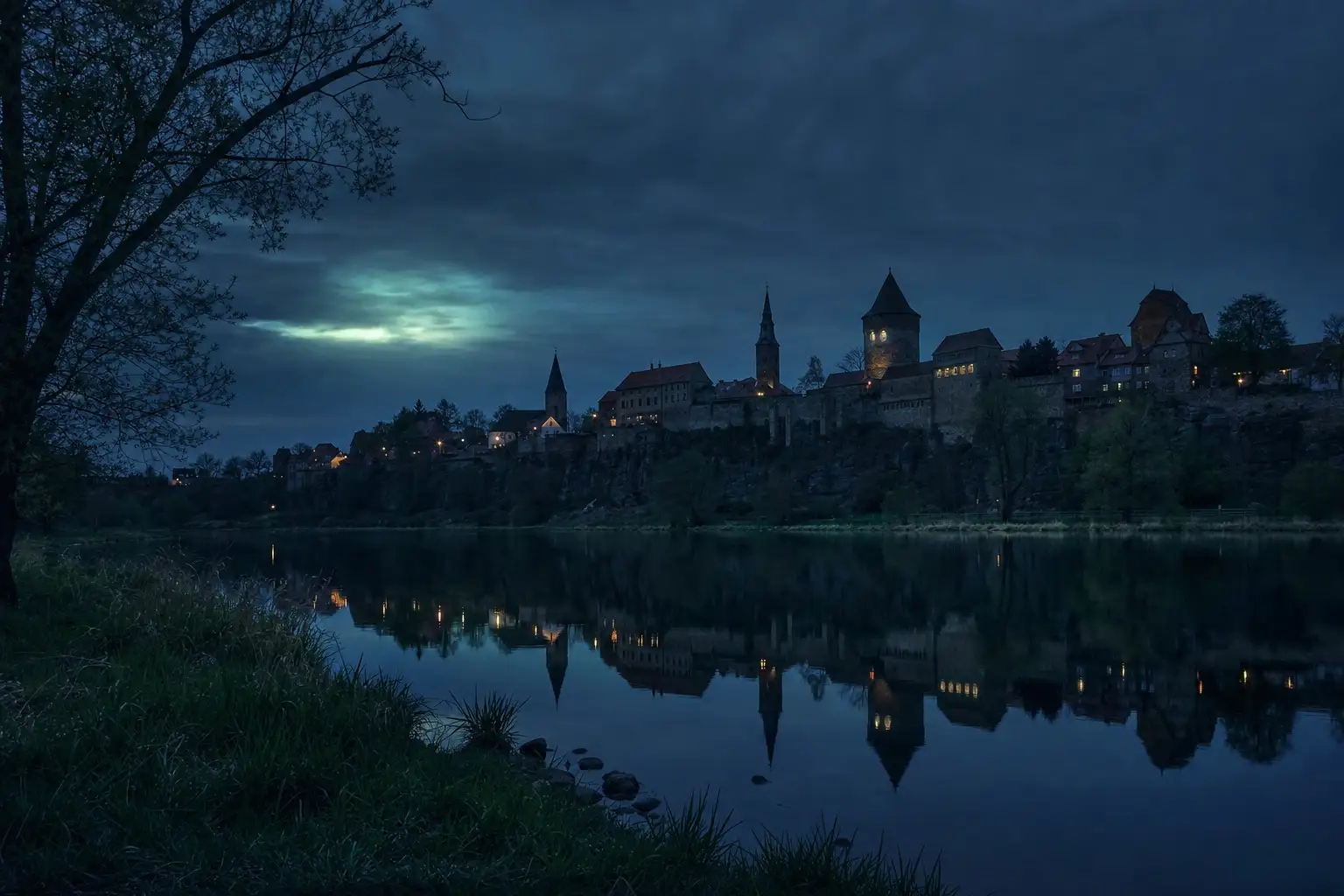 Silhouette einer Altstadt mit Türmen über einem Fluss zur blauen Stunde